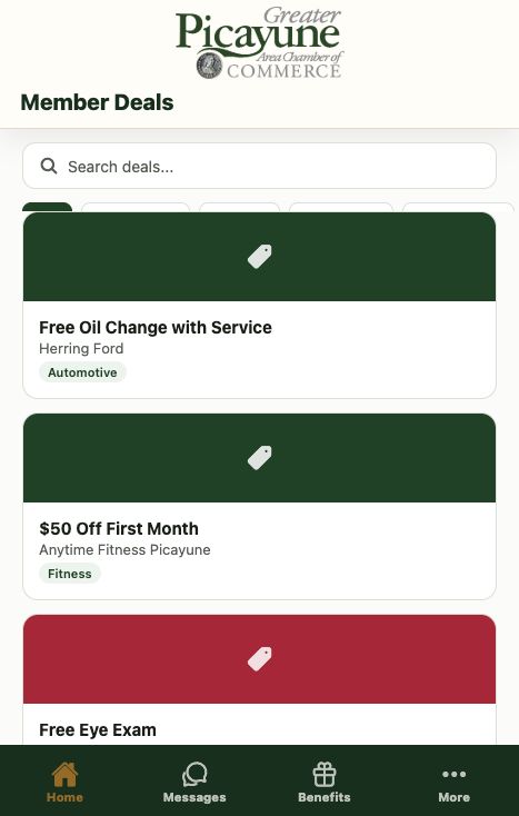 Greater Picayune Chamber app member deals screen