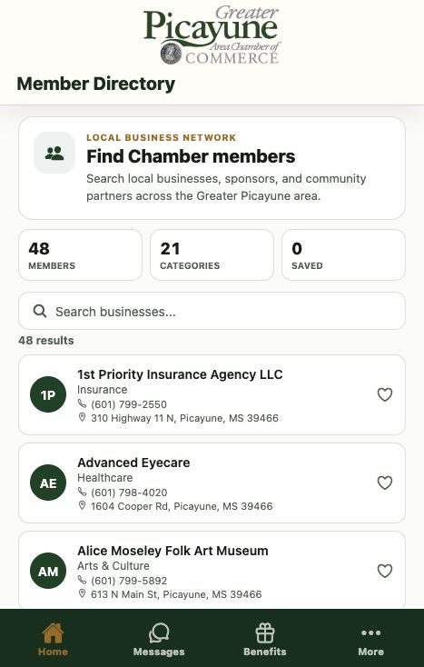 Greater Picayune Chamber app member directory search screen