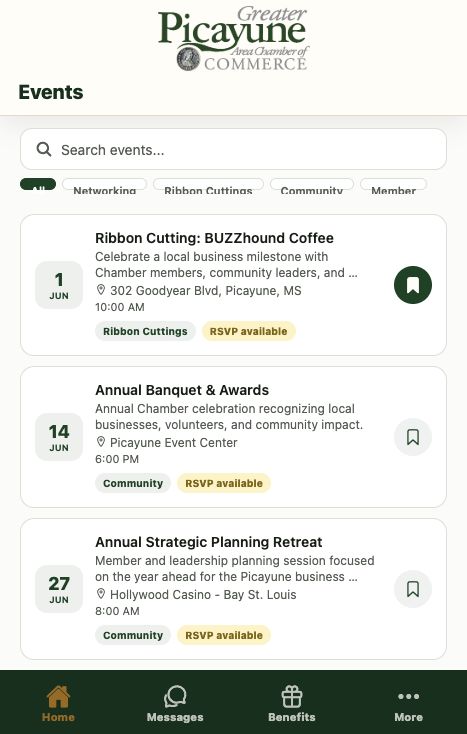 Greater Picayune Chamber app events screen with RSVP available labels