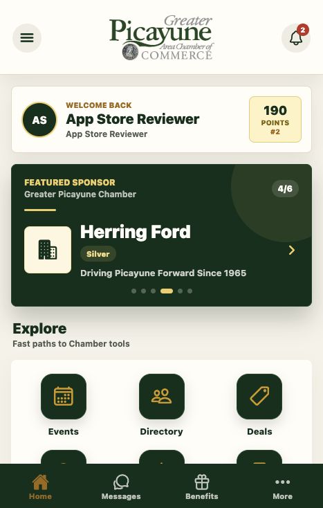 Greater Picayune Chamber app home screen with sponsor spotlight, points, and quick links