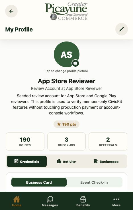 Greater Picayune Chamber app profile screen with points, check-ins, referrals, credentials, and business card